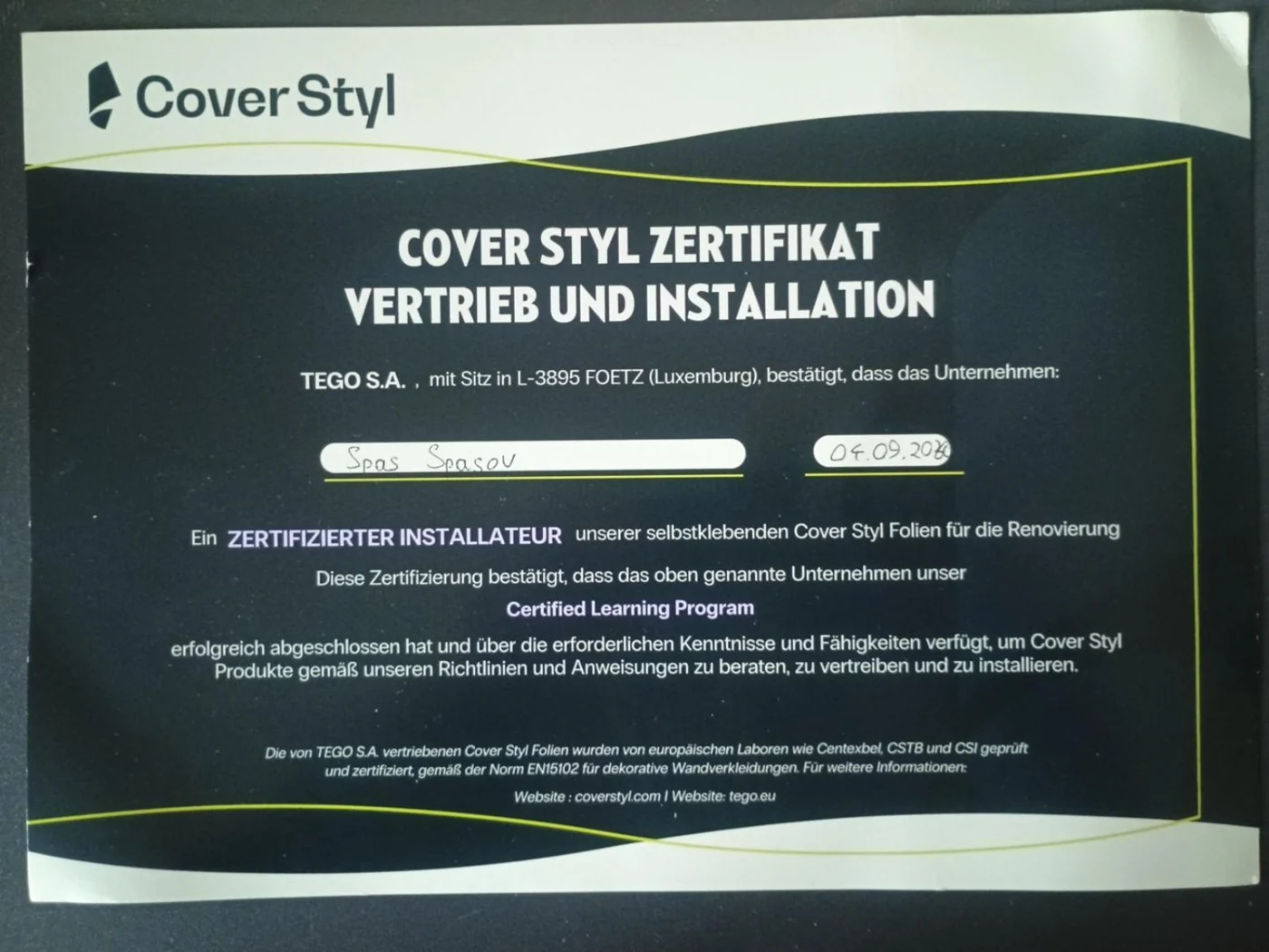 Cover Styl Zertifikat – zertifizierter Installateur